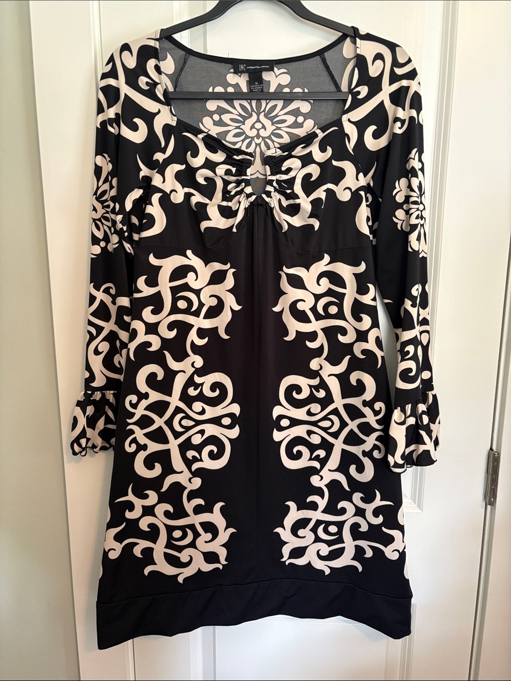 INC International Concepts Black and Cream Printed Long Sleeve Dress